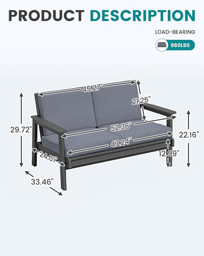 SERWALL HDPE Outdoor Patio Loveseat, All Weather Wood-Like Outdoor Sofa HDPE Outdoor Furniture, Grey Frame and Grey Cushion