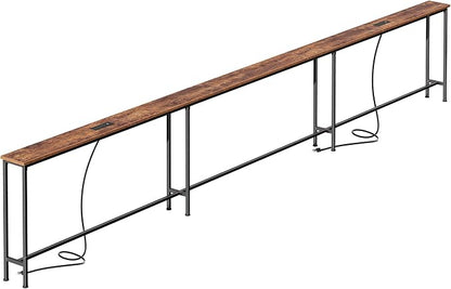 SUPERJARE 133.8 Inch Sofa Table with 2 Power Outlets and USB-C Ports, 5.9 Inch Narrow Console Table with Storage, Extra-Long, for Entryway Hallway Couch Behind Sofa, Small Spaces, Rustic Brown
