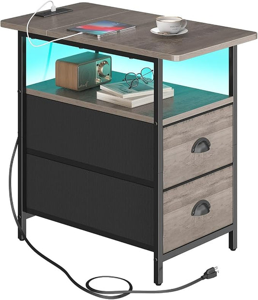 sthmec End Table with Charging Station, Narrow Side Table with 2 Drawers, LED Nightstands with Drawers, USB Ports & Power Oulets,Slim Sofa Side Tables for Small Spaces,Living Room,Bedroom, Grey