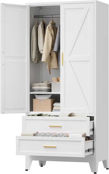 LCAOPC 71" Tall Metal Wardrobe Cabinet with 2 Drawers and Hanging Rod, 2 Doors Armoire Wardrobe Closet with Shelf for Bedroom, Office, Laundry Room, White