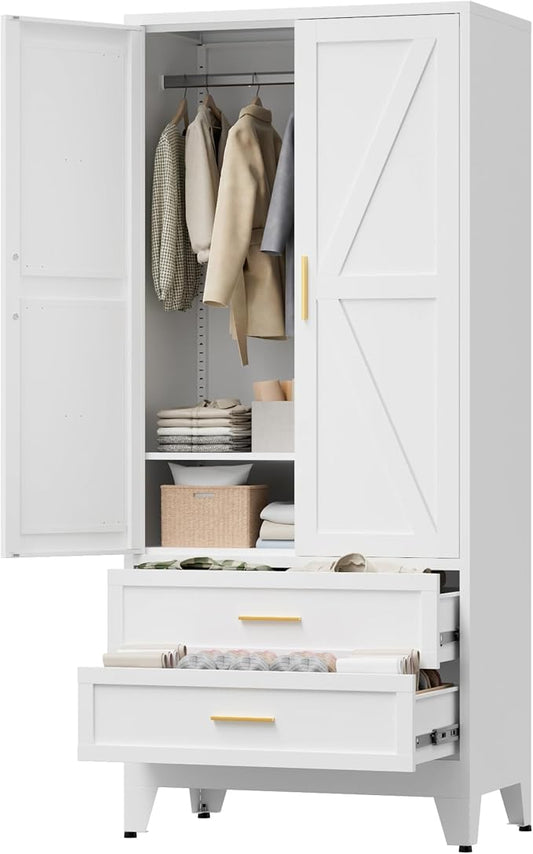 LCAOPC 71" Tall Metal Wardrobe Cabinet with 2 Drawers and Hanging Rod, 2 Doors Armoire Wardrobe Closet with Shelf for Bedroom, Office, Laundry Room, White
