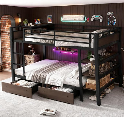 Bellemave Bunk Bed Full Over Full，Metal Bunk beds with Storage Shelves, LED Light Strip, and USB Power Strip, Upper Bed with Desk, Black