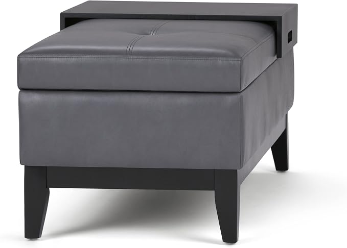 SIMPLIHOME Oregon Storage Ottoman Bench with Tray - 42 inch Wide Upholstered Vegan Leather Rectangle Storage Ottoman Bench in Stone Grey, Transitional Tufted Ottoman for Living Room with Lift-Up Lid