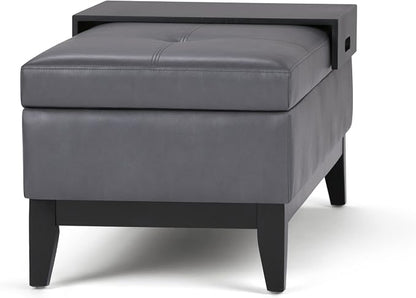 SIMPLIHOME Oregon Storage Ottoman Bench with Tray - 42 inch Wide Upholstered Vegan Leather Rectangle Storage Ottoman Bench in Stone Grey, Transitional Tufted Ottoman for Living Room with Lift-Up Lid