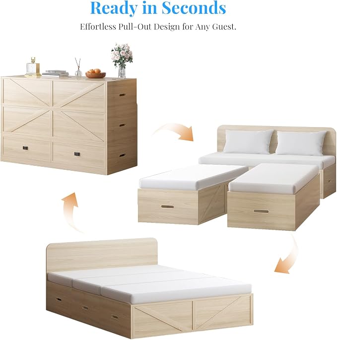 PUREMIND Murphy Bed Full with Mattress Included, Wood Cabinet Bed with Dual Storage Drawers & 2 Pillows, 3-in-1 Convertible Sofa Beds for Small Space, Guest Room, Natural