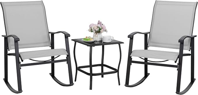 Shintenchi 3 Piece Rocking Bistro Set, Outdoor Furniture with Rocker Chairs and Glass Coffee Table Set of 3, Balcony, Porch Furniture for Small Space, Light Gray