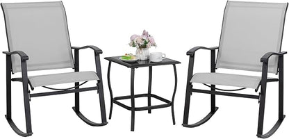 Shintenchi 3 Piece Rocking Bistro Set, Outdoor Furniture with Rocker Chairs and Glass Coffee Table Set of 3, Balcony, Porch Furniture for Small Space, Light Gray