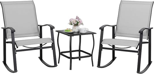 Shintenchi 3 Piece Rocking Bistro Set, Outdoor Furniture with Rocker Chairs and Glass Coffee Table Set of 3, Balcony, Porch Furniture for Small Space, Light Gray