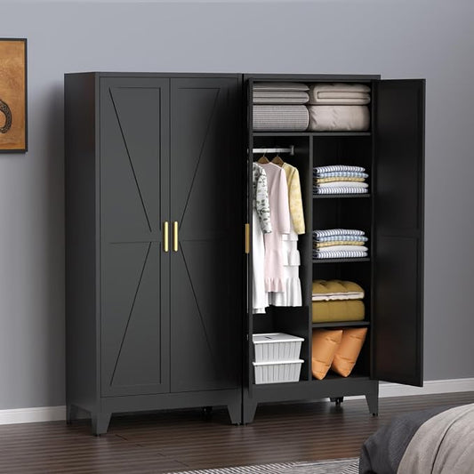 Steel Armoire Wardrobe Closet, 71" Metal Clothing Storage Cabinets with 2 Doors & 3 Adjustable Shelves, Black Wardrobe Cabinet with Hanging Rod for Bedroom, Gym
