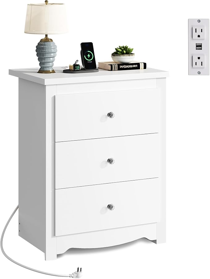 WLIVE White Nightstand with Charging Station, Wood Night Stand with 3 Drawers Storage, Tall Bedside Table End Side Tables with 2 USB Ports and Outlets for Bedroom, Closet, White