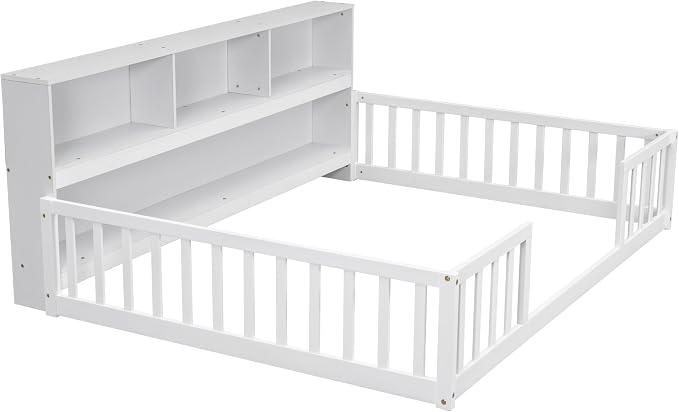 Bellemave Kids Montessori Floor Bed,Full Size Floor Bed with Bookcase and Shelves,Full Bed Frame with Guardrails for Kids,Girls,Boys,Full,White