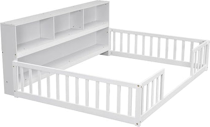 Bellemave Kids Montessori Floor Bed,Full Size Floor Bed with Bookcase and Shelves,Full Bed Frame with Guardrails for Kids,Girls,Boys,Full,White