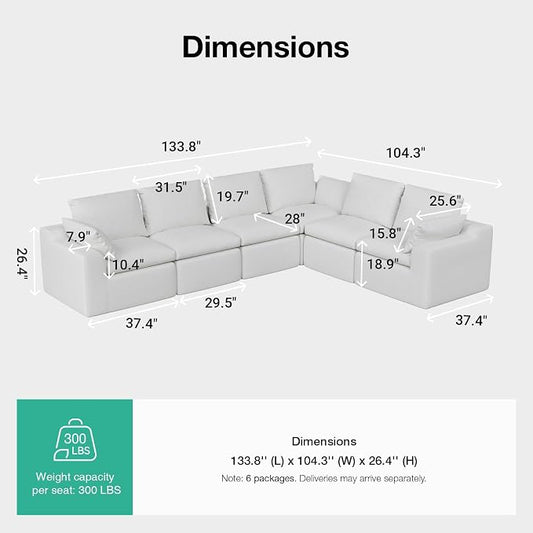 Novilla 133.8" Modular Cloud Couch, Modern Sectional Sofa with Smarts Coil® Support, Chenille Fabric, Upholstered Couch for Living Room Apartments Bedroom, No Assembly, 6 Seater, White
