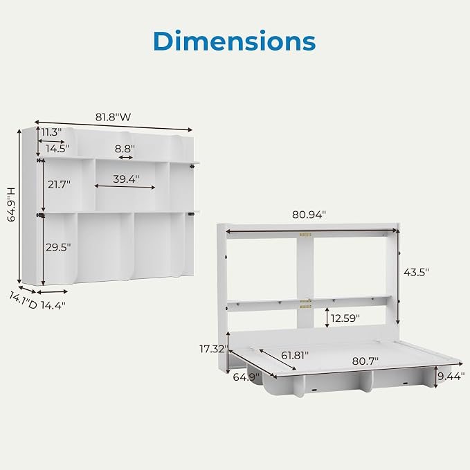 Mjkone Queen Size Wall Bed with Storage Shelf, Queen Wall Cabinet Murphy Beds with Bookshelf, 82" W Top Cabinet Bed Frame, Space-Saving Cabinets Beds for Bedroom/Guest Room/Studio/Office - White