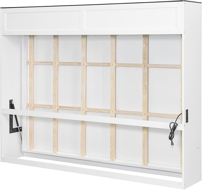 Virubi Queen Horizontal Murphy Bed with USB Charging Station,Wood Farmhouse Murphy Wall Bed Cabinet with Slats,Foldable Space-Saving for Guest Room, Home Office (White,Queen)