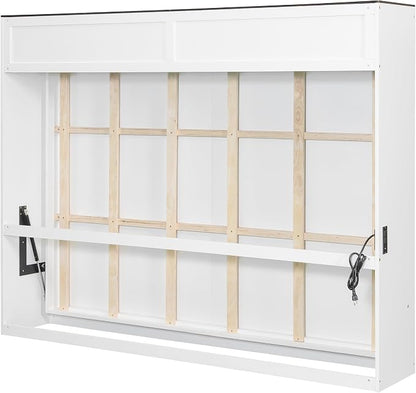 Virubi Queen Horizontal Murphy Bed with USB Charging Station,Wood Farmhouse Murphy Wall Bed Cabinet with Slats,Foldable Space-Saving for Guest Room, Home Office (White,Queen)