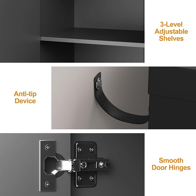 RoyalCraft 112'' Buffet Cabinet with Storage, Modern Sideboard with 4 Carved Doors, Large Wood Coffee Bar Console Table for Kitchen, Dining Room, Entryway, Living Room, Satin Black