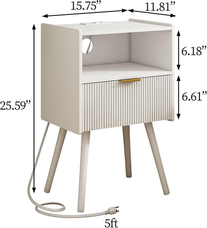 JOONEE White Nightstand with Outlet,Modern Bedside Table with Storage Drawer and Open Wood Shelf, for Living Room, Bedroom and Small Spaces, Accent Night Stand with Solid Wood Legs, Easy Assembly