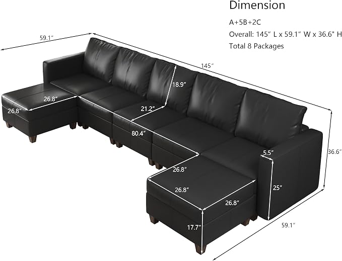EASE MOOSE Faux Leather Sectional Couch Sofa with Storage,Faux Leather Modualr Sectional Sofa Black U Shaped Modular Couch