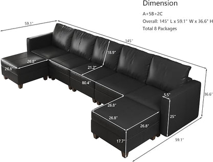 EASE MOOSE Faux Leather Sectional Couch Sofa with Storage,Faux Leather Modualr Sectional Sofa Black U Shaped Modular Couch