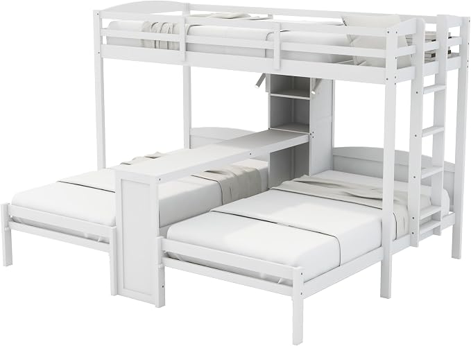 VilroCaz Twin Over Twin & Twin Bunk Bed with Built-in Desk and Storage Shelves, 3 Beds in 1 Design Solid Wood Triple Bunk Bed with Reading Lamp and Guardrails for Kids Teens Aldults (White-2.14)