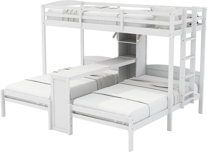 VilroCaz Twin Over Twin & Twin Bunk Bed with Built-in Desk and Storage Shelves, 3 Beds in 1 Design Solid Wood Triple Bunk Bed with Reading Lamp and Guardrails for Kids Teens Aldults (White-2.14)