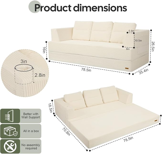 COMAX Futon Sofa Bed, Convertible Sofa Bed, Folding Boneless Couches | Boneless Couch for living room, Fold Out Small Foldable Loveseat Floor Sleeper Mattress Lounge Space‑Saving, Queen 79"