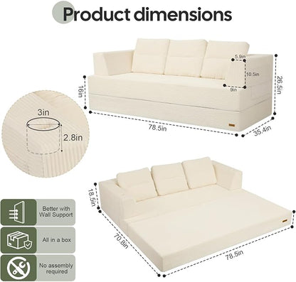 COMAX Futon Sofa Bed, Convertible Sofa Bed, Folding Boneless Couches | Boneless Couch for living room, Fold Out Small Foldable Loveseat Floor Sleeper Mattress Lounge Space‑Saving, Queen 79"