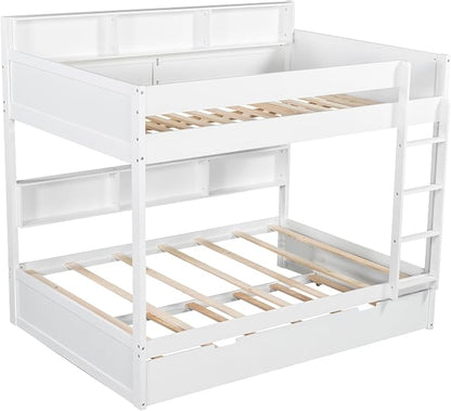 Wood Bunk Bed Twin Over Twin Size with Built-in Storage Shelves, Versatile Bunk Bed Frame with Ladder and Trundle Bed for Kids Teens Adults, Maximize Space (White-T2)