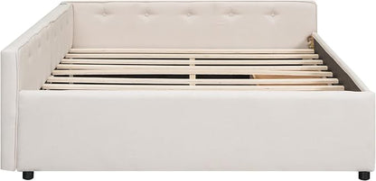 Ball & Cast Queen Size Daybed with Storage Drawers,Linen Upholstered Bed Frame with Button Tufted Backrest and Armrests,L Shaped Day Bed with USB Port,Solid Wood Slats Support,Beige