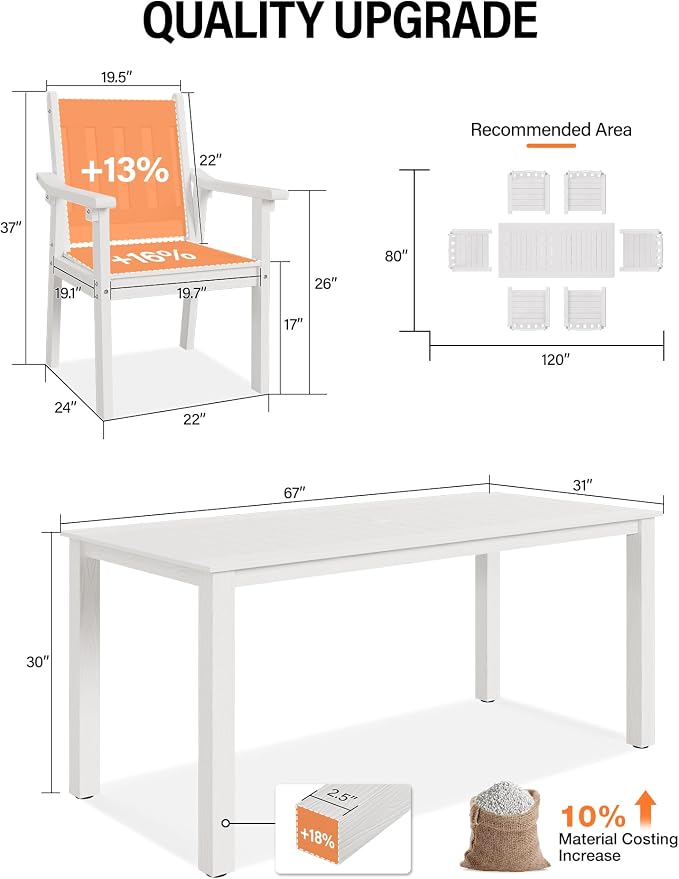 YEFU HIPS Patio Table Set: 10 Piece Outdoor Table and Chairs Dining Furniture Set with Umbrella Hole - White Modern Plastic Dining Sets 8 Person for Outside Deck with Metal Aluminum Frame