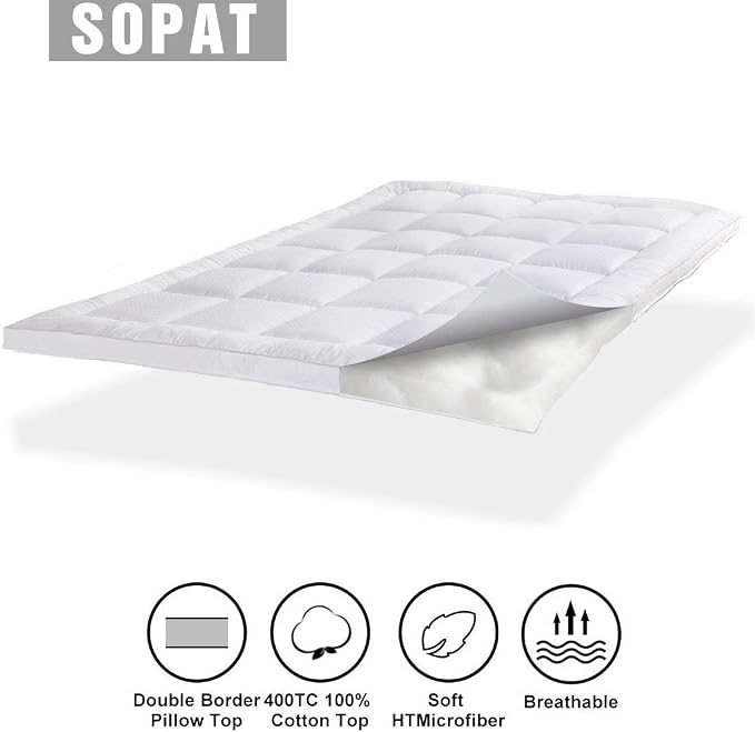 SOPAT Extra Thick Mattress Topper Cal King 400TC Cotton Pillow Top Breathable Mattress Pad Protector with 8-22" Deep Pocket Soft Down Alternative Fill Mattress Cover (72x84 Inches, White)