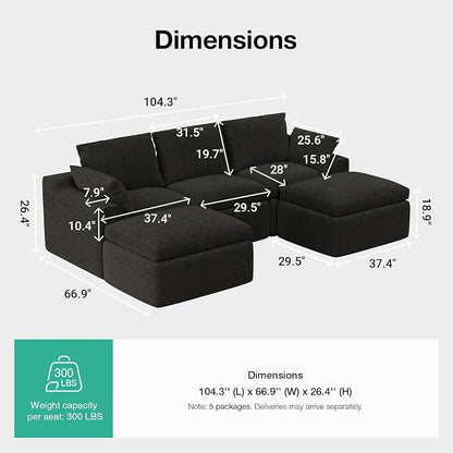 Novilla 104.3" Modular Cloud Couch, Modern Sectional Sofa with Smarts Coil® Support, Chenille Fabric, Upholstered Couch for Living Room Apartments Bedroom, No Assembly, 3 Seater + 2 Ottoman, Dark Grey