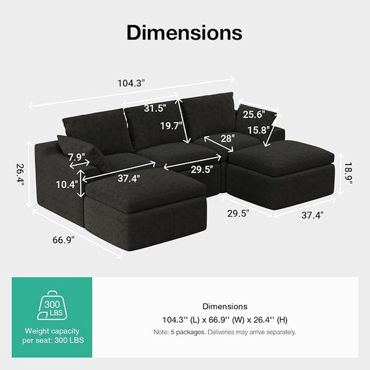Novilla 104.3" Modular Cloud Couch, Modern Sectional Sofa with Smarts Coil® Support, Chenille Fabric, Upholstered Couch for Living Room Apartments Bedroom, No Assembly, 3 Seater + 2 Ottoman, Dark Grey