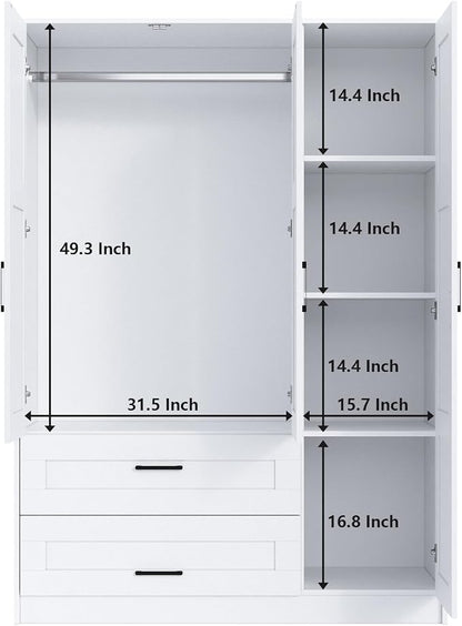 Fenghua Lizhi 3 Doors Wooden Wardrobe Closet Armoire, White Storage Cabinet for Hanging Clothes, Bedroom Large Capacity Freestanding Armoire,Wood Wardrobe Combination with Shelves (2drawer, White)