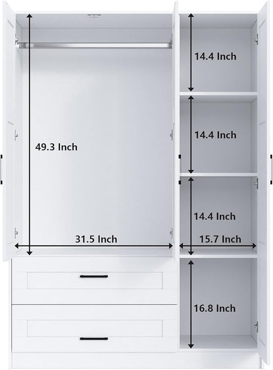 Fenghua Lizhi 3 Doors Wooden Wardrobe Closet Armoire, White Storage Cabinet for Hanging Clothes, Bedroom Large Capacity Freestanding Armoire,Wood Wardrobe Combination with Shelves (2drawer, White)