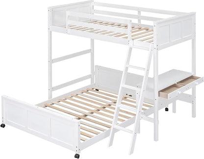 Ball & Cast Twin Over Full Bunk Bed with Safty Guardrail & Stairway,Heavy Duty Wood Loft Bedframe W/Desk & Drawers,Easy Assembly,Versatile Functional Bedroom Furniture Set for Boy Girl Teens,White