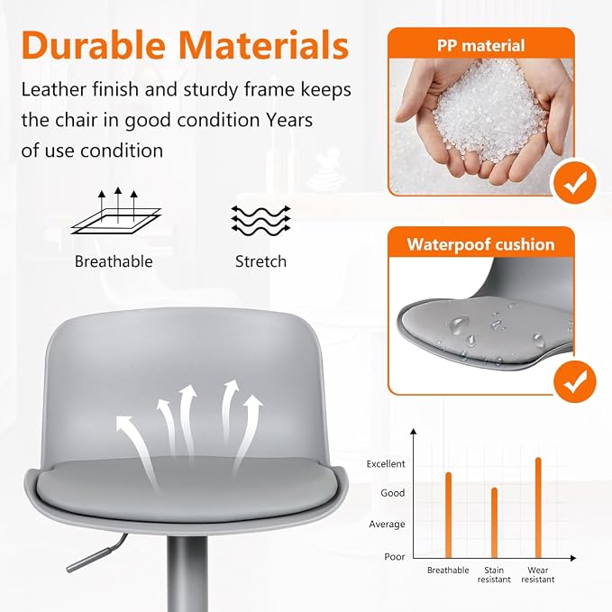 Kidol & Shellder Bar Stools Set of 4 Adjustable Counter Height Barstools Modern PU Leather Swivel Tall Bar Chairs Upholstered Bar Stool with Back for Kitchen Island（Gray）