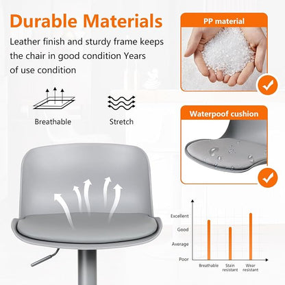 Kidol & Shellder Bar Stools Set of 4 Adjustable Counter Height Barstools Modern PU Leather Swivel Tall Bar Chairs Upholstered Bar Stool with Back for Kitchen Island（Gray）