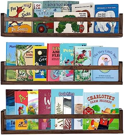 AZSKY Nursery Book Shelves 24 Inch Deep Walnut Floating Bookshelf for Kids Room Wall Mounted Floating Shelves Solid Nursery Bookshelf Perfect Decor for Kitchen Bedroom Living Room Set of 3