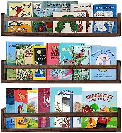 AZSKY Nursery Book Shelves 24 Inch Deep Walnut Floating Bookshelf for Kids Room Wall Mounted Floating Shelves Solid Nursery Bookshelf Perfect Decor for Kitchen Bedroom Living Room Set of 3