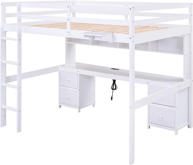 Full Size Loft Bed with Desk, Storage Cabinets, Drawers and Bedside Tray, Multifunctional Full Beds with Plug Outlets & 2 USB Port, White