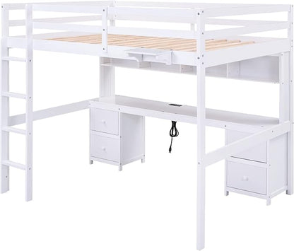 Full Size Loft Bed with Desk, Storage Cabinets, Drawers and Bedside Tray, Multifunctional Full Beds with Plug Outlets & 2 USB Port, White