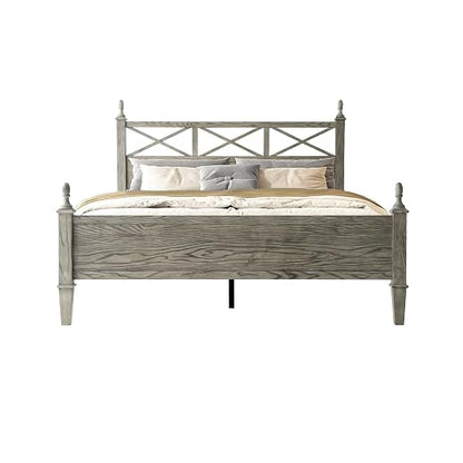 Queen Size Platform Bed Frame with Solid Wood Headboard & Footboard, Metal Legs, 12 Durable Slatted Base, No Box Spring Needed, Easy Assembly, Noise-Free & Anti-Slip, Weathered Gray Oak Finish RIQ-34