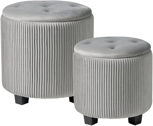 BLEXA Big Round Ottoman with Storage Set of 2,Upholstered Velvet Vanity Stool for Makeup Multifunctional Foot Rest Coffee Table Padded Seat Tufted Ottomans for LivingRoom&Bedroom (Large Grey)