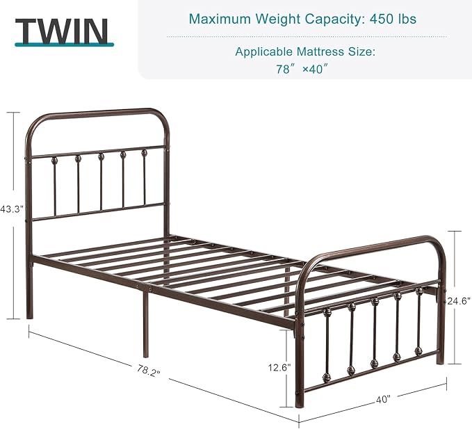 VECELO Purple Bronze Metal Bed Frame Twin Size with Vintage Headboard and Footboard, No Box Spring Needed, Premium Stable Steel Slat Support Mattress Foundation