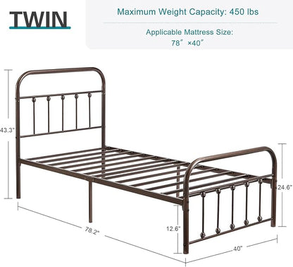 VECELO Purple Bronze Metal Bed Frame Twin Size with Vintage Headboard and Footboard, No Box Spring Needed, Premium Stable Steel Slat Support Mattress Foundation