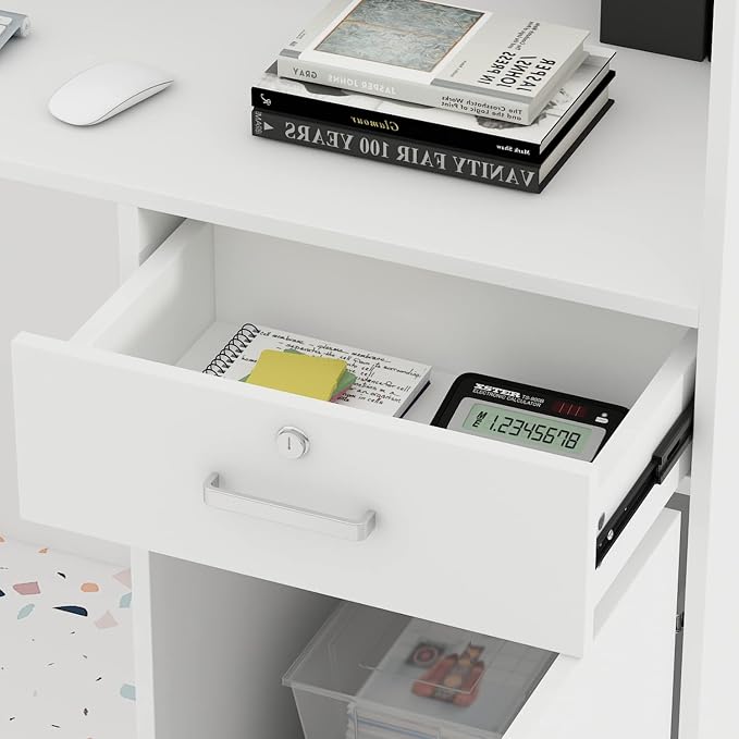 Homsee Modern Reception Desk Counter with Hutch, Adjustable Storage Cube, Lockable Drawer & 1 Door Cabinet, Office Wooden Computer Desk Reception Table, White and Black