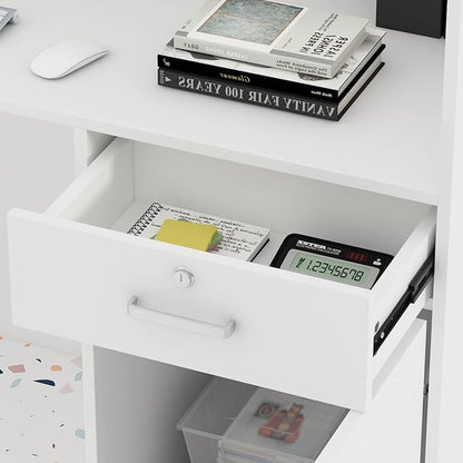 Homsee Modern Reception Desk Counter with Hutch, Adjustable Storage Cube, Lockable Drawer & 1 Door Cabinet, Office Wooden Computer Desk Reception Table, White and Black