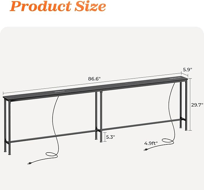 SUPERJARE 86.6 Inch Sofa Table with 2 Power Outlets and USB-C Ports, 5.9 Inch Narrow Console Table with Storage, Long Entryway Hallway Couch Table Behind Sofa, Small Spaces, Living Room, Black